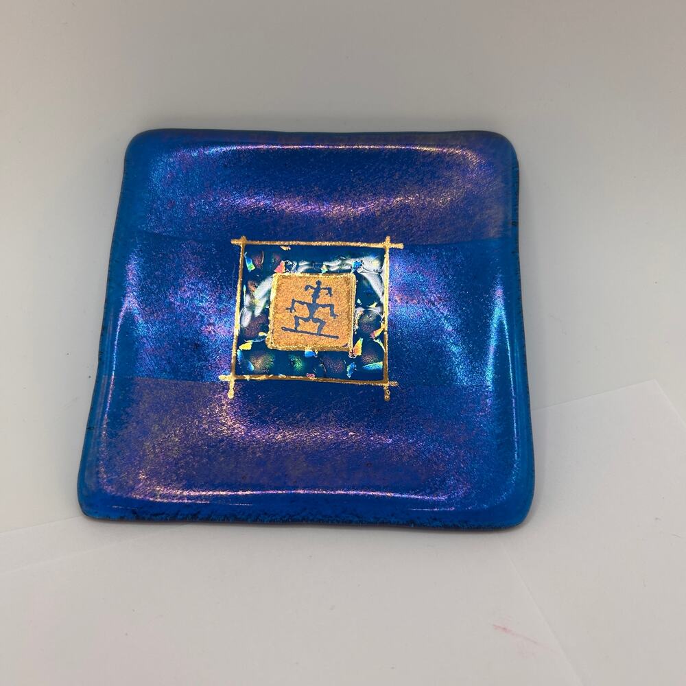 Blue Glass Small Dish w Traditional Hawaiian Surfer Petroglyph Motif Iridescent
